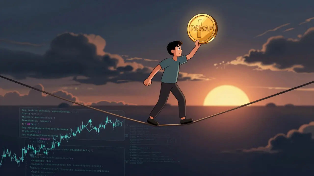Tightrope walker balancing a token over a void of uncertain liquidity