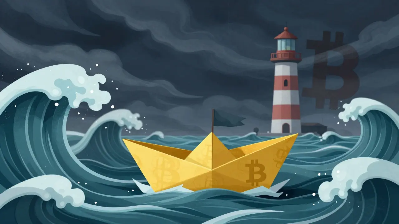 Tiny boat navigating volatile waves near a giant Bitcoin lighthouse