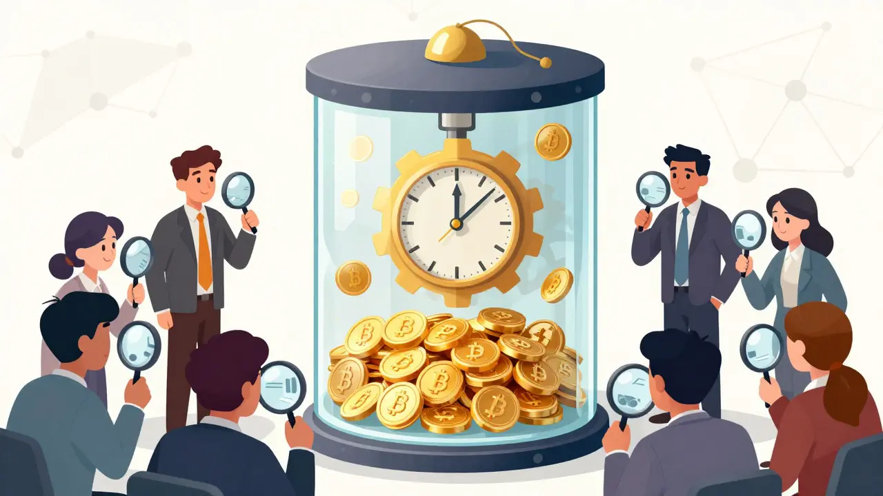 Transparent smart contract vault with gears and verifying investors