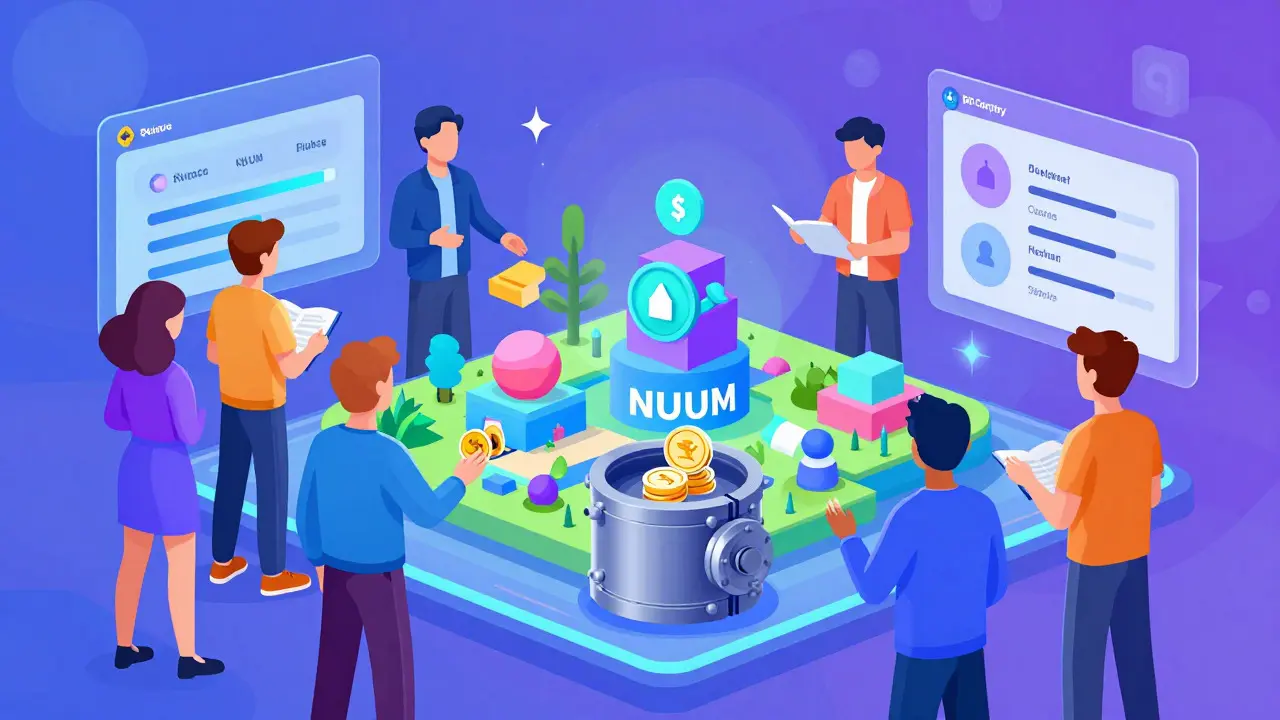 Users building metaverses and staking NUUM tokens in a vibrant cartoon ecosystem scene.