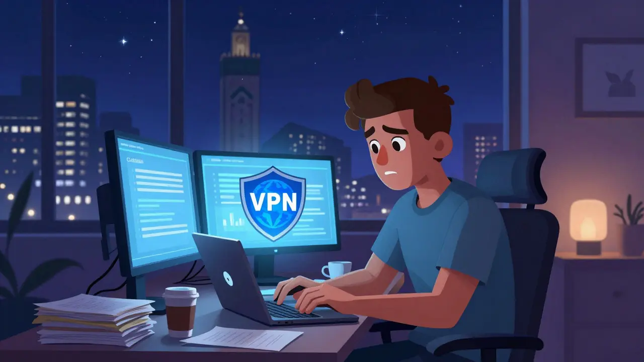 Young man using a laptop with a VPN to access crypto markets at night