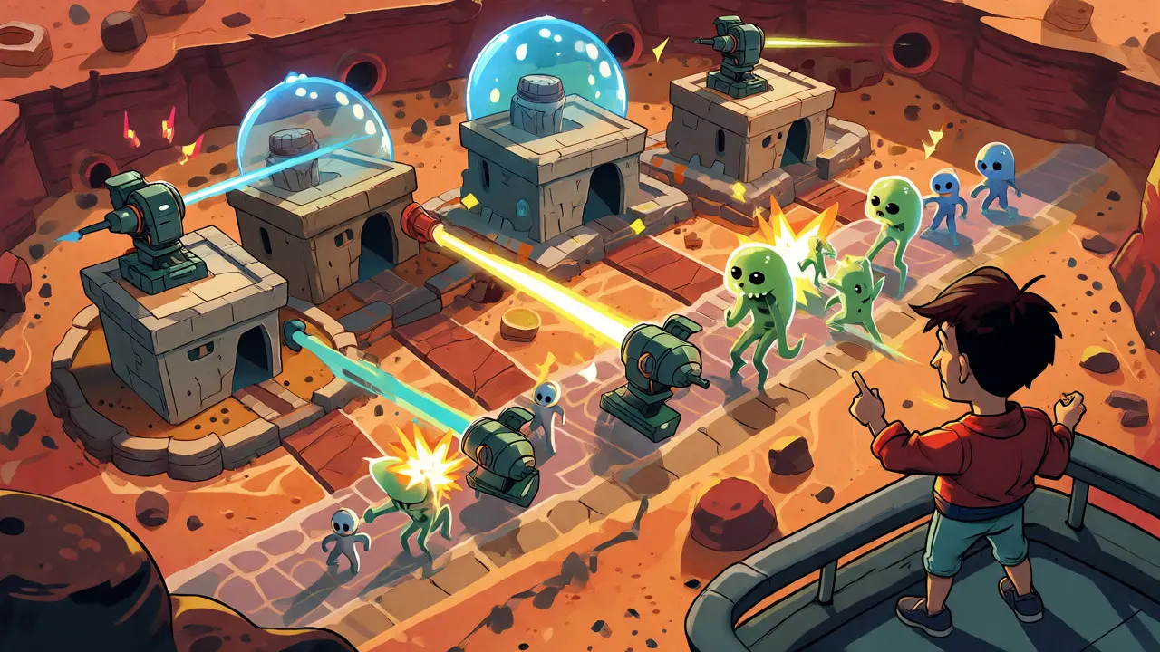 Animated tower defense battle against aliens on Mars