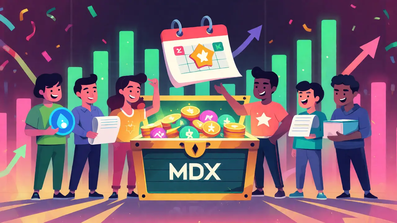 Animated users collecting MDX tokens from treasure chest under snapshot calendar