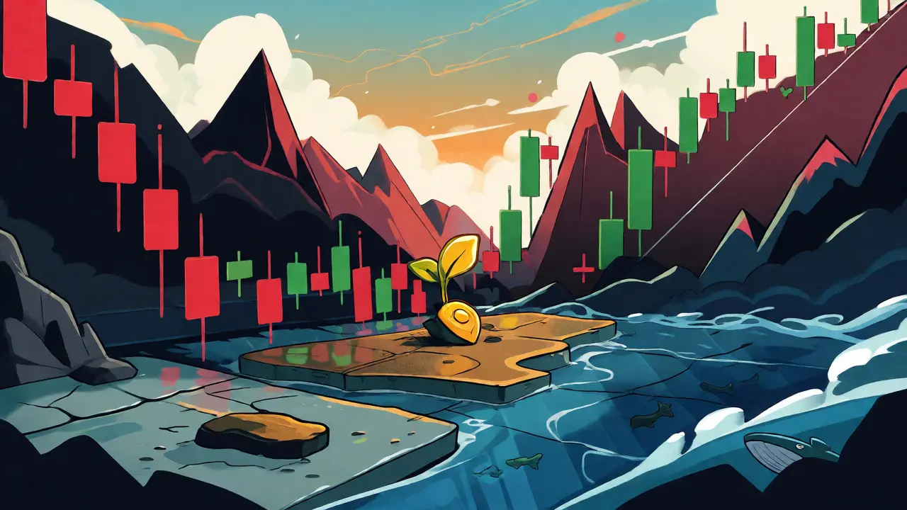 Cartoon art showing a tiny coin dwarfed by volatile stock market charts and liquidity pools.