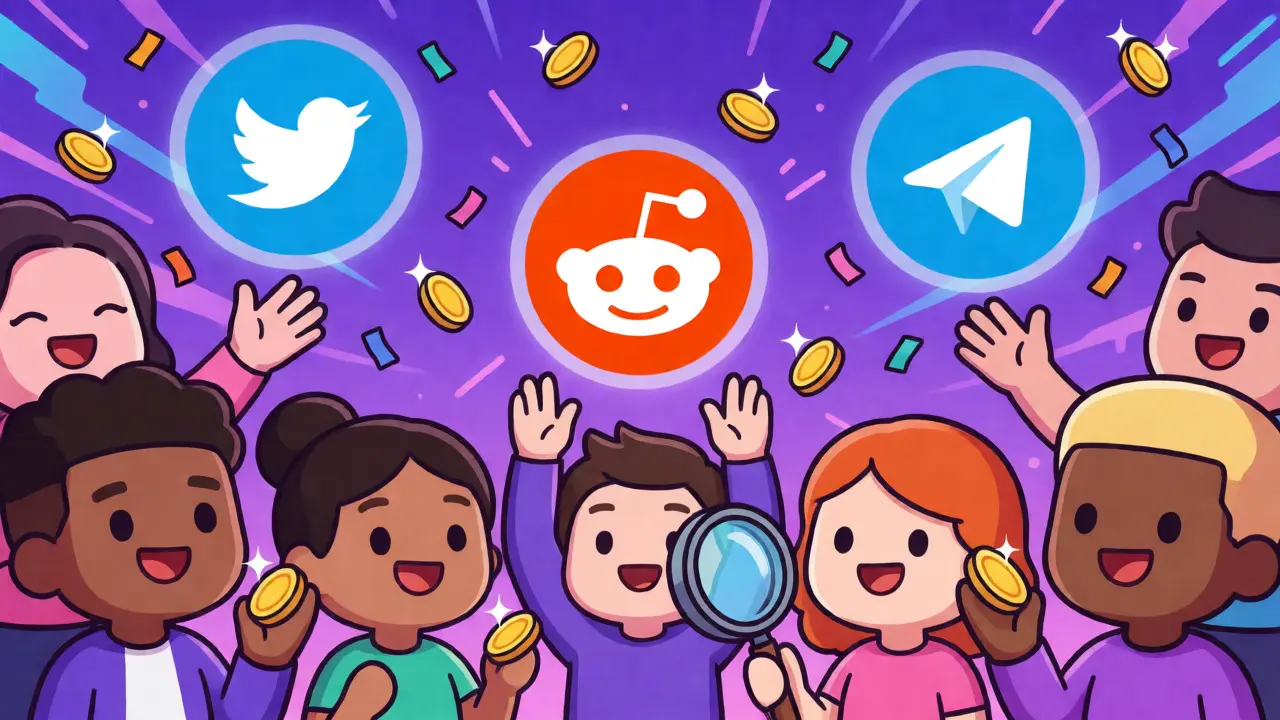 Cartoon avatars collecting DFI tokens via social media icons.