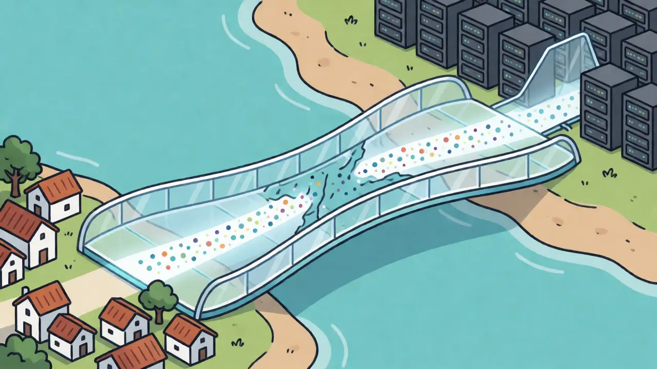 Cartoon bridge linking charity and blockchain with transparency trails