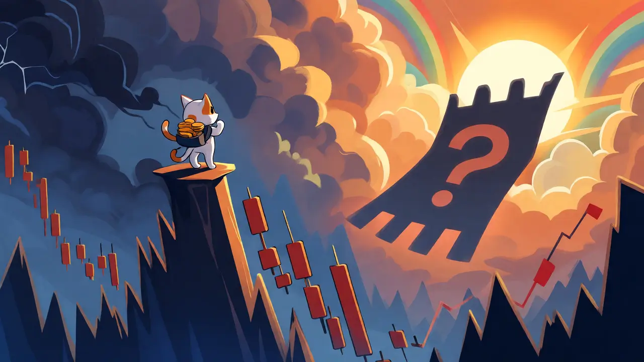 Cartoon cat standing on volatile crypto chart cliffs under a stormy sky