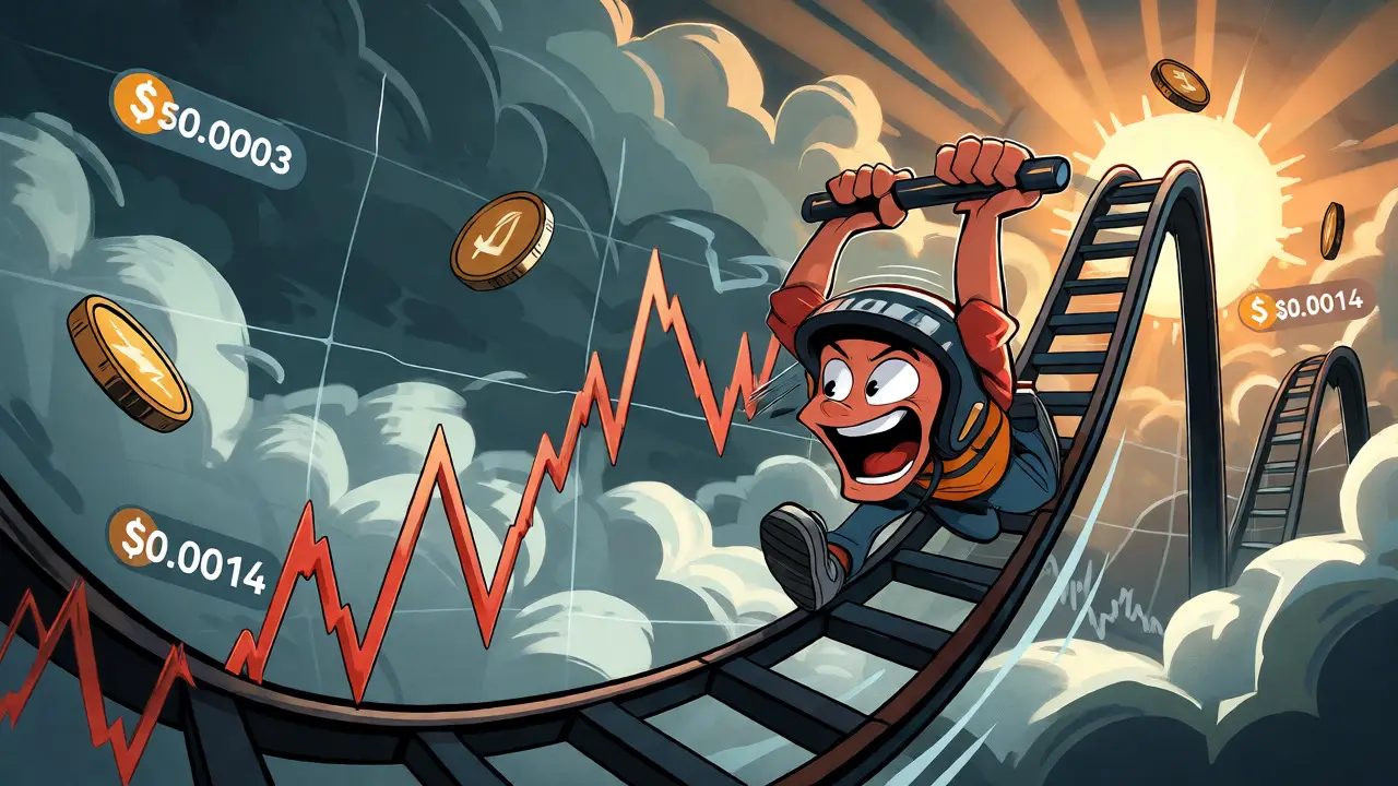 Cartoon character riding a volatile LOOP token price rollercoaster with extreme fluctuations.