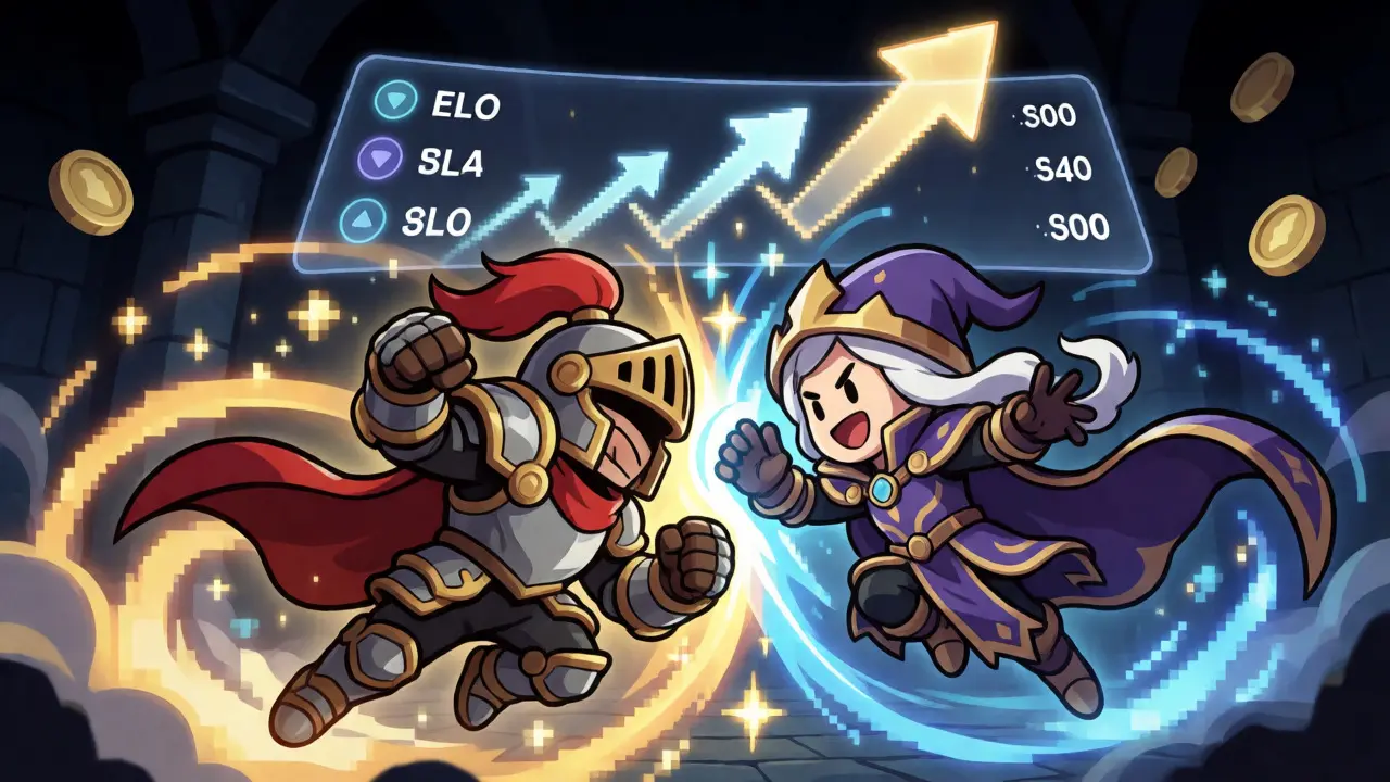 Cartoon depiction of intense PvP arena battles in CryptoBay with floating ELO point indicators.