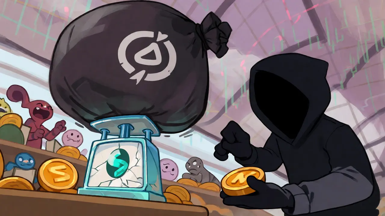Cartoon of an attacker manipulating a price oracle scale in a market