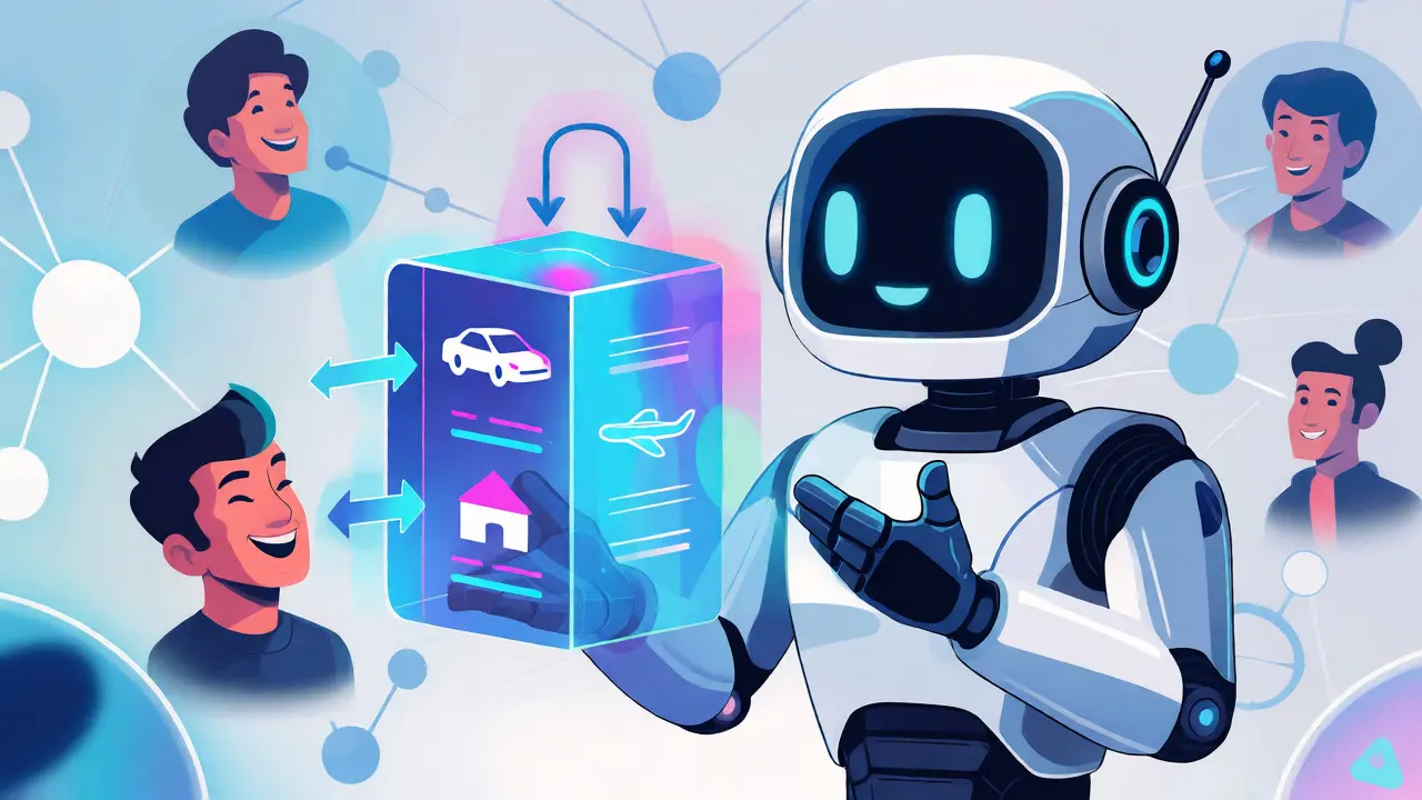 Cartoon robot managing a digital ledger for instant P2P insurance payouts