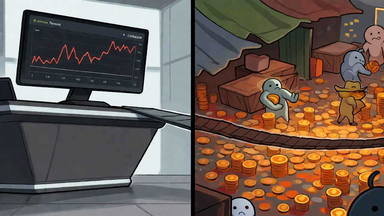 Cartoon scene contrasting stable exchange listings with chaotic low-liquidity trading markets.