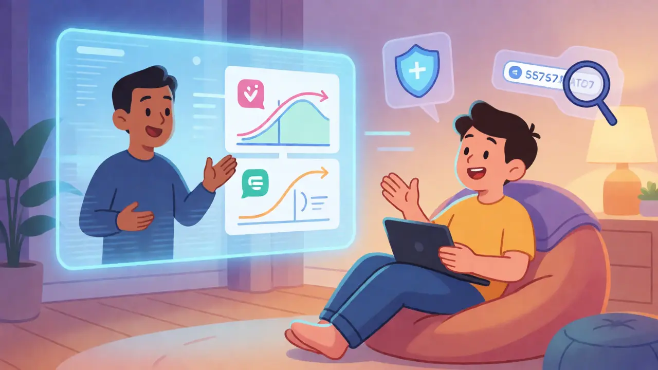 Cartoon scene of a gamer watching a live stream about GameFi education and security tips.