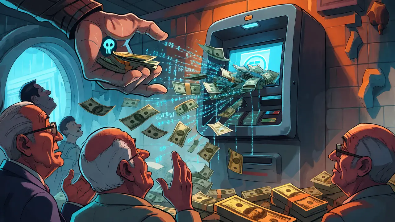 Cash dissolving into digital coins sucked into a crypto ATM by a large hand.