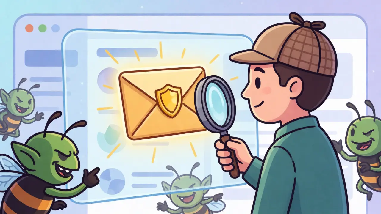 Character verifying a secure airdrop claim while blocking scam attempts in a safe environment.
