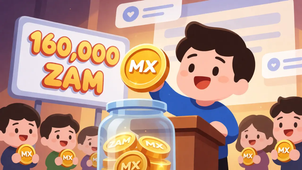 Character voting with MX tokens for ZAM rewards in a playful exchange setting.
