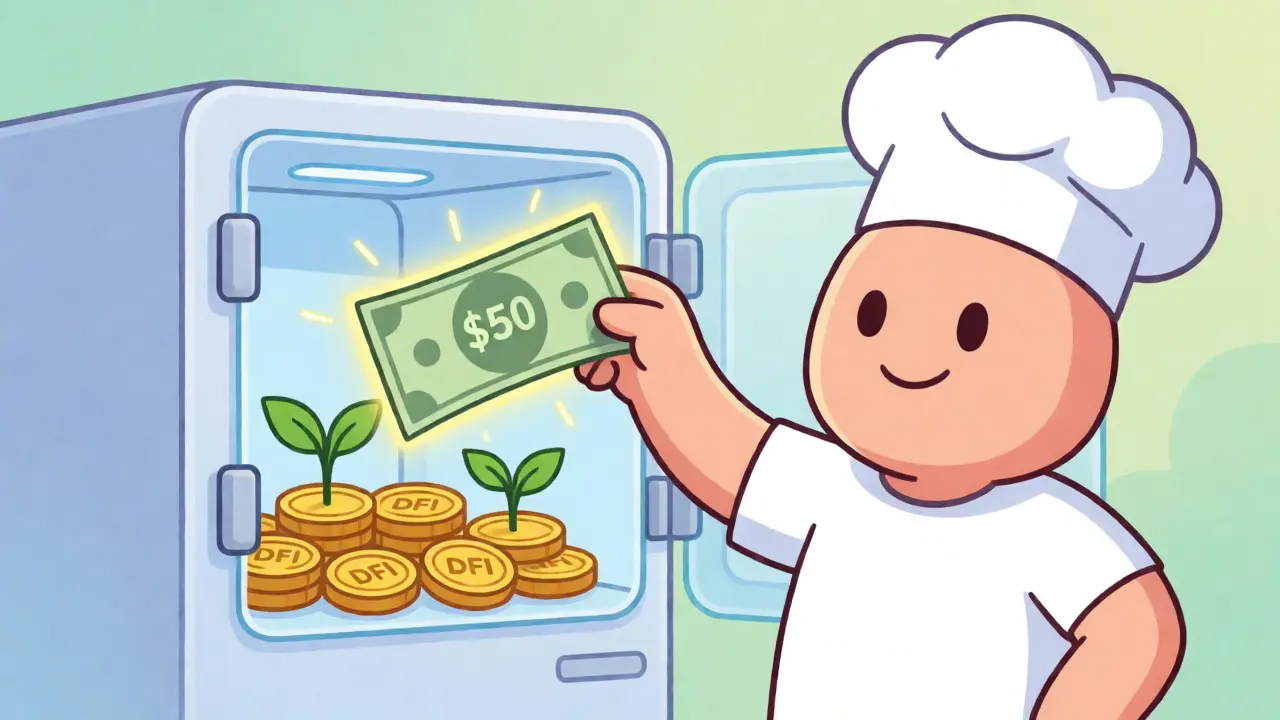 Chef character locking money in a safe to grow DFI tokens in Cake DeFi.