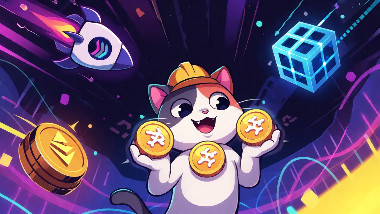 Confused cartoon cat choosing between Solana, Ethereum, and Base blockchains