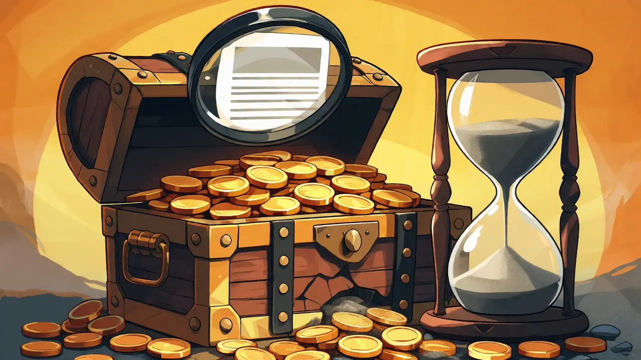 Cracked treasure chest leaking sand next to an hourglass showing time running out.