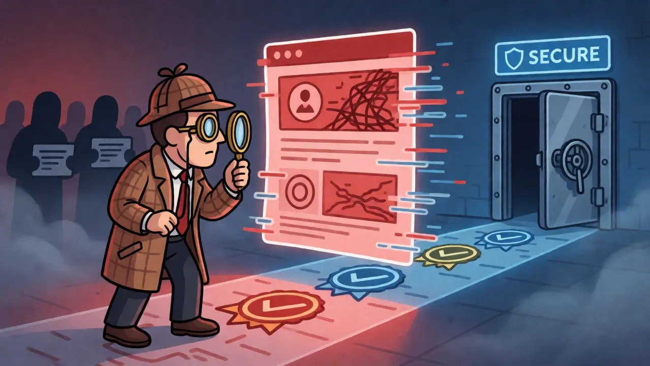 Detective inspecting a secure claim portal versus scam sites.