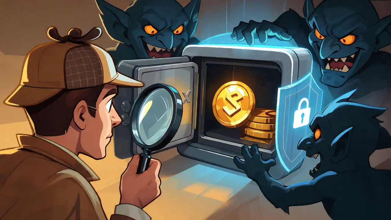 Detective inspecting digital wallet safe while blocking scam goblins