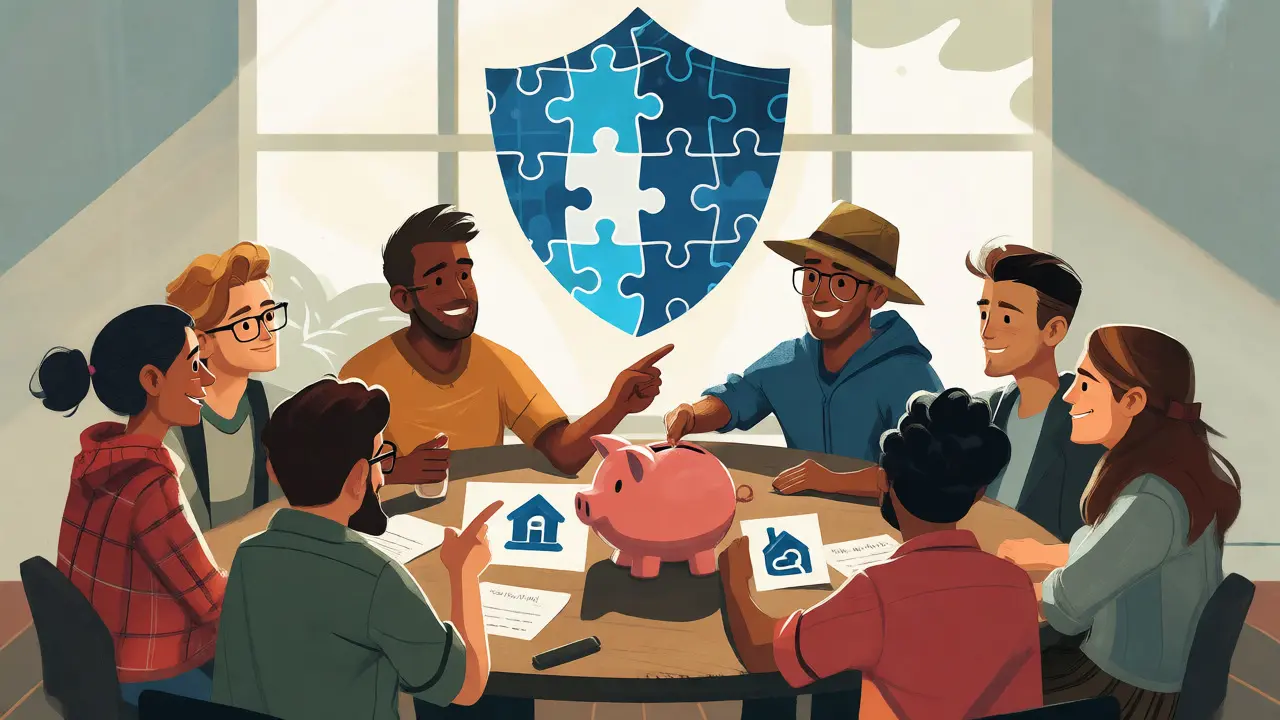 Diverse cartoon group voting on fund usage under a protective shield
