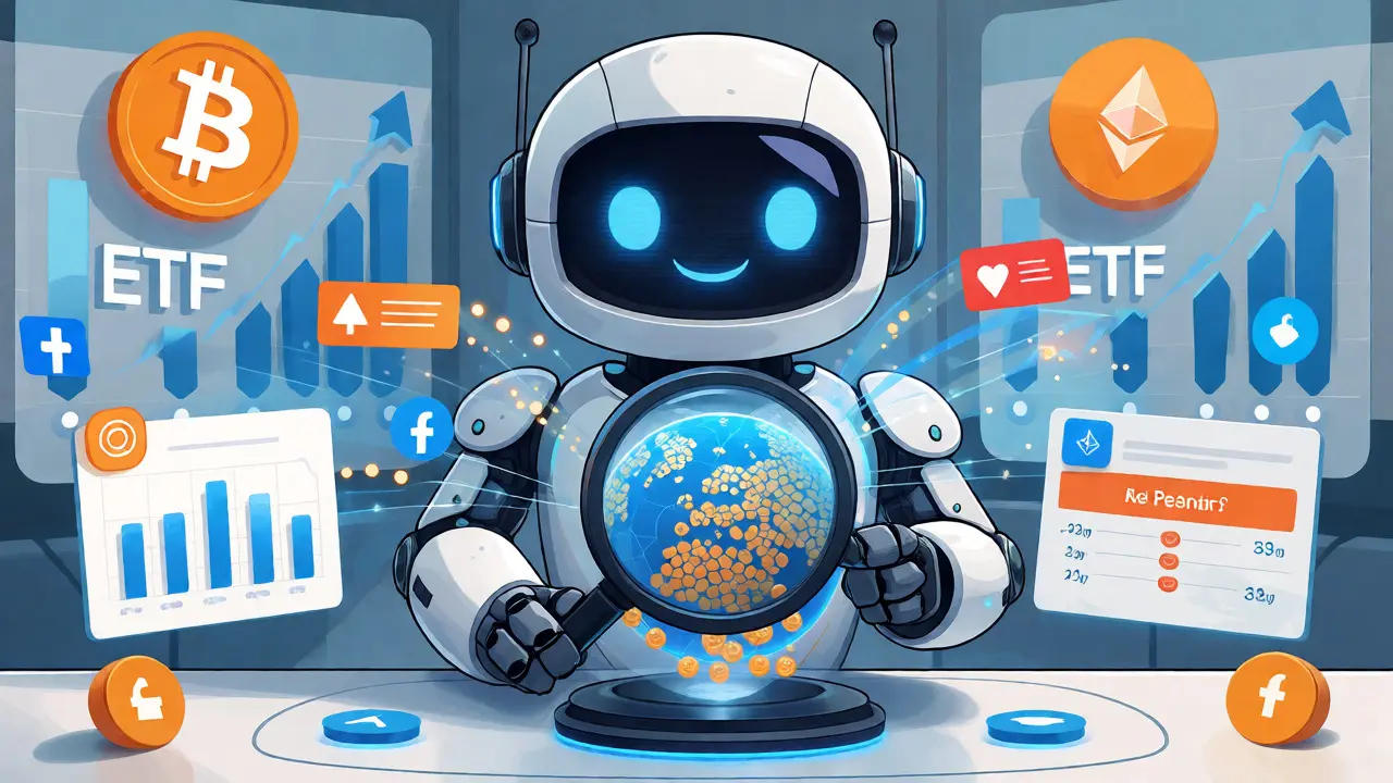Friendly robot mascot organizing crypto data and social signals in a futuristic hub.