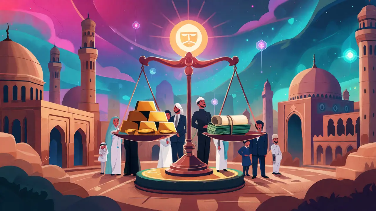 Futuristic Saudi city blending tradition and blockchain with balanced scales