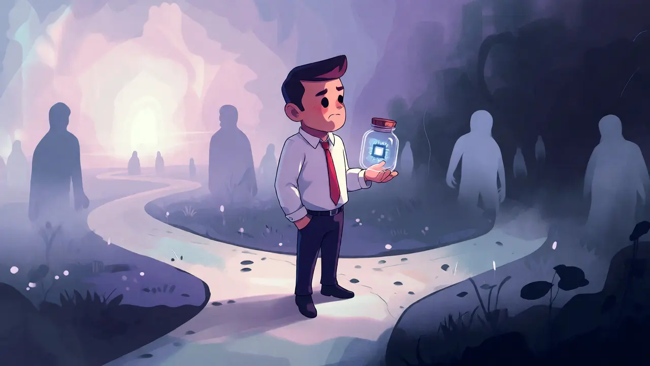 Hesitant cartoon investor standing at a foggy crossroads holding a fragile AI token