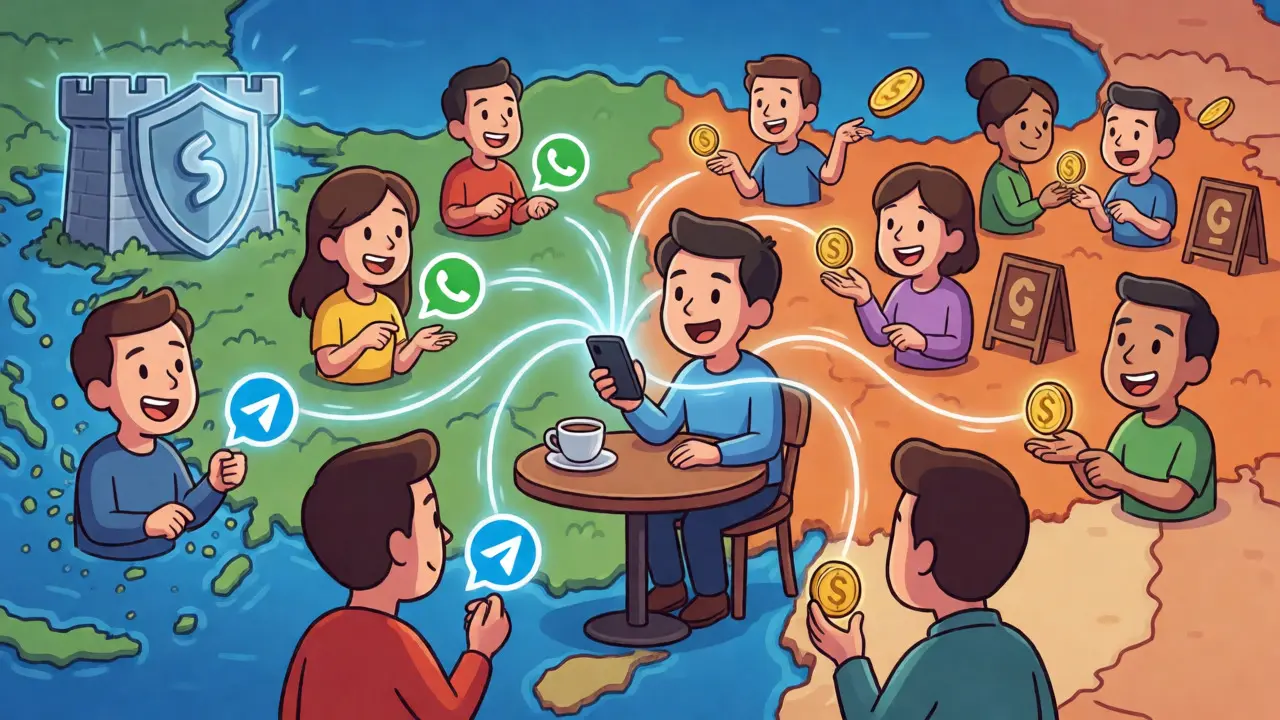 Illustration of P2P crypto trading networks connecting users across Turkey via mobile devices.