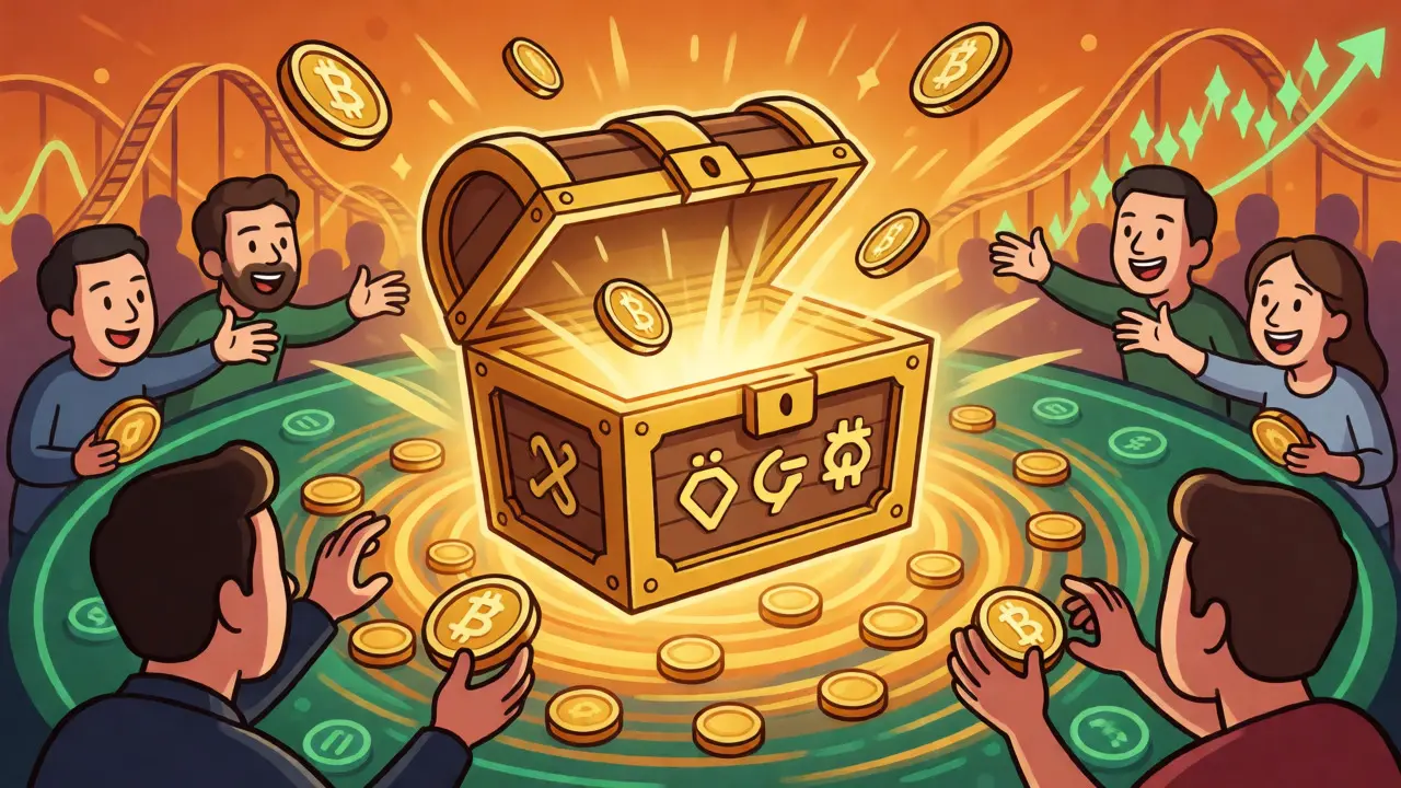 Investors exchanging coins for new tokens during a chaotic and exciting IDO launch event.