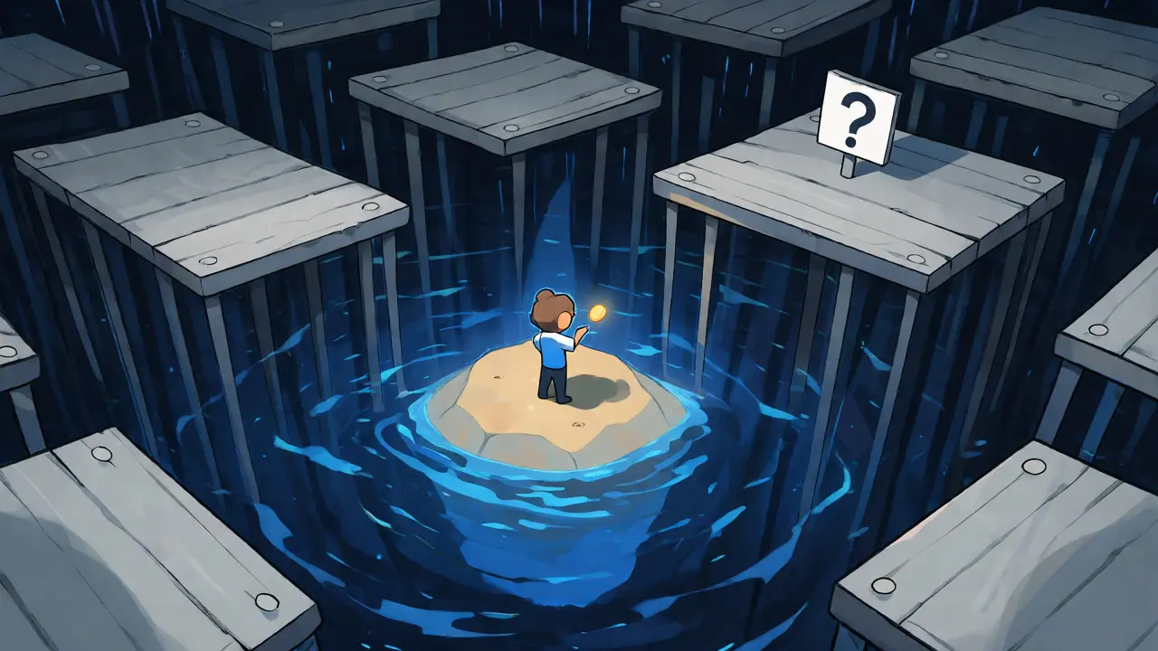 Isolated character on a small island amidst distant, unreachable exchange docks.