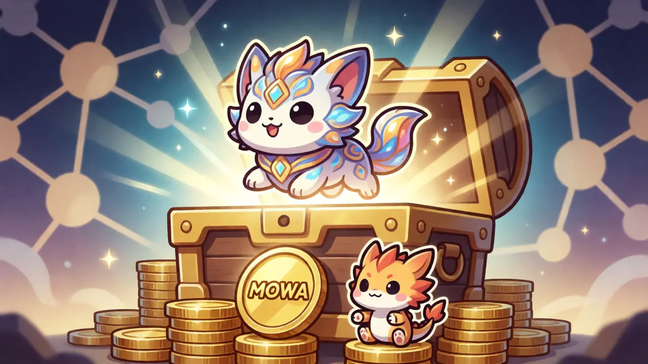 Magical treasure chest revealing a shiny NFT pet and tokens.