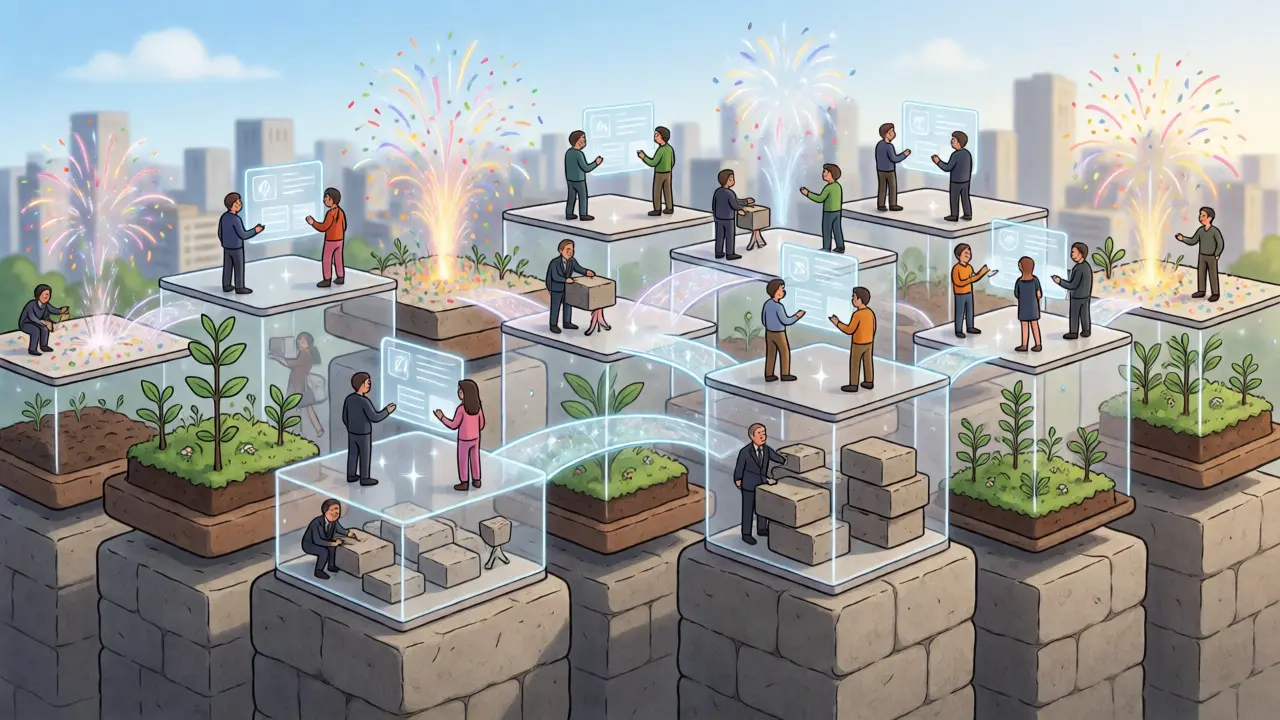 Multi-layered cityscape illustrating Layer-2 scaling and cross-chain flows