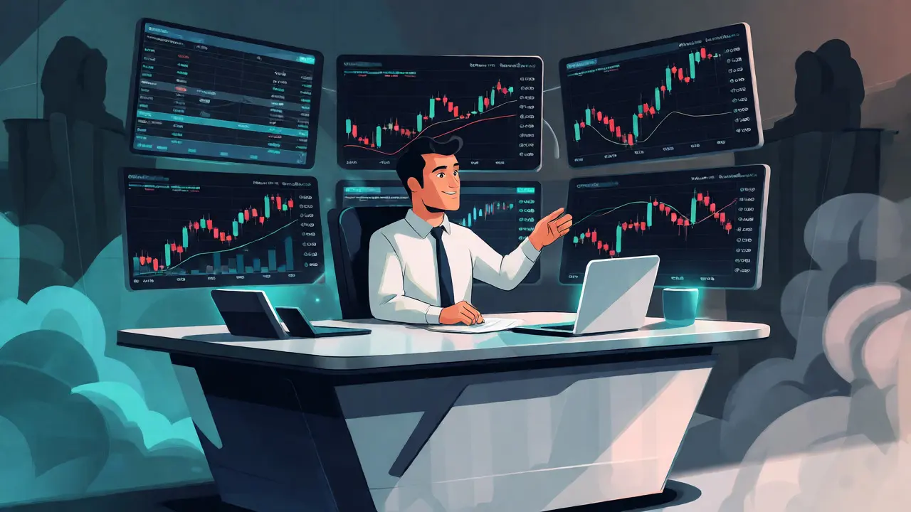 Pro trader analyzing complex charts on holographic screens