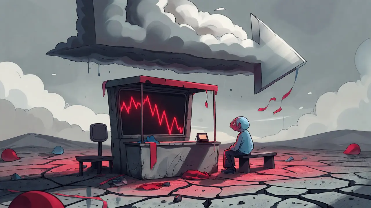 Sad cartoon trader watching price crash in a desolate, low-liquidity market
