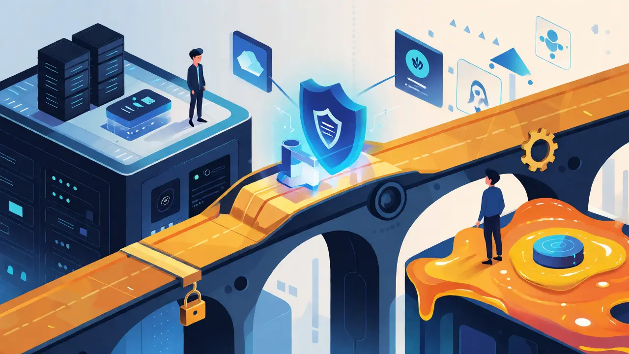 Secure golden bridge connecting tech platforms and liquidity pools