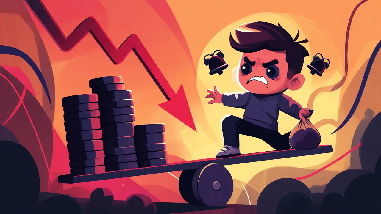 Stressed trader balancing borrowed tokens against market crash risk