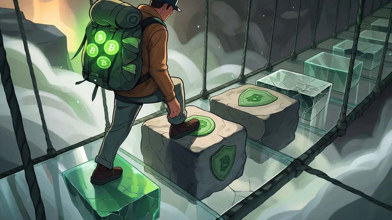 Traveler crossing a glass bridge with Bitcoin backpack
