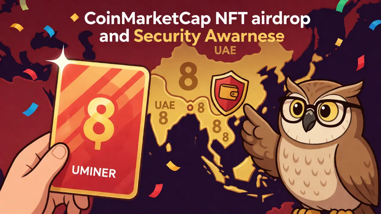 Winner holding an NFT with a security owl guarding the wallet against scams.