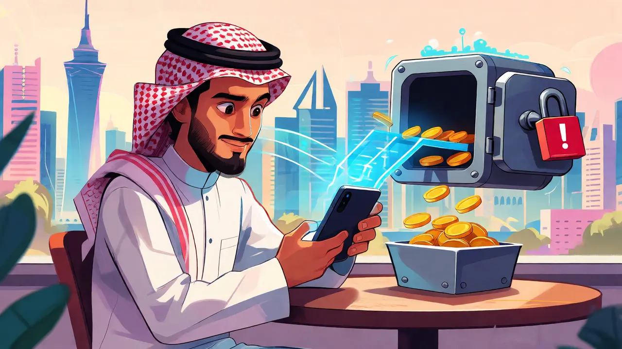Young Saudi using P2P crypto transfer via smartphone in Riyadh cafe setting