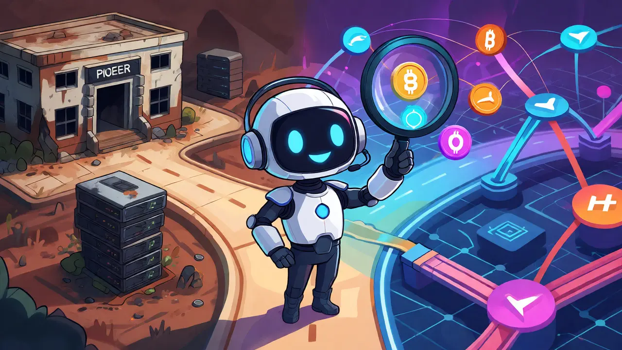 A robot guide directing crypto swaps from an old exchange building to a network of decentralized platforms.