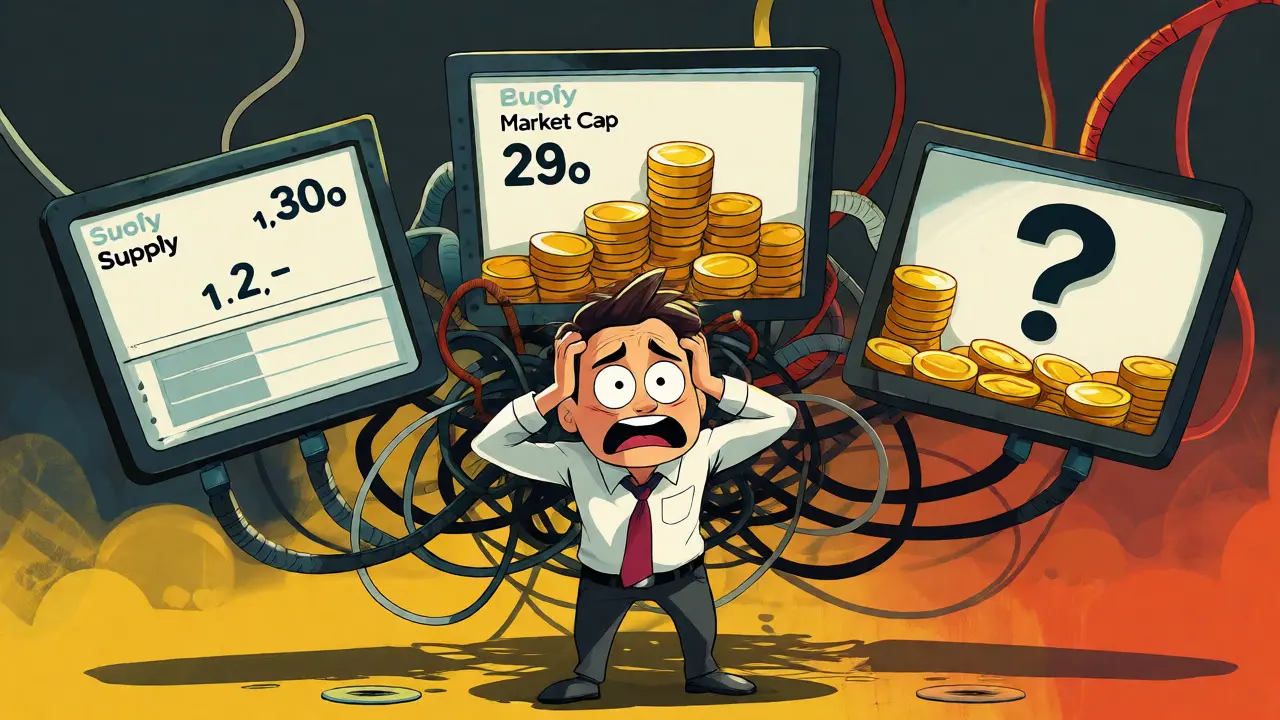 Confused cartoon investor facing screens with conflicting crypto supply data and tangled wires.