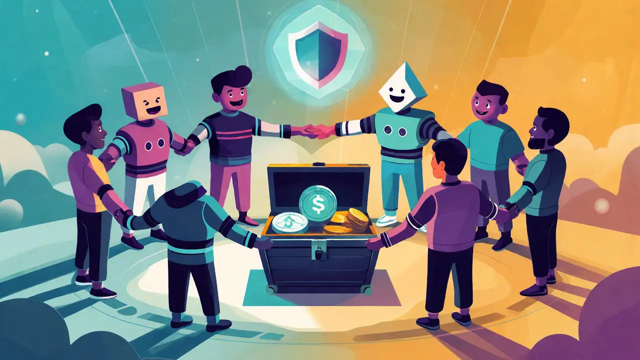 Friendly blockchain characters forming a secure ring around protected crypto assets.