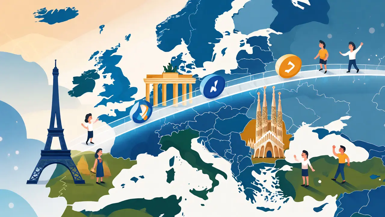 Illustration of MiCA regulation connecting European landmarks via a digital trading bridge.