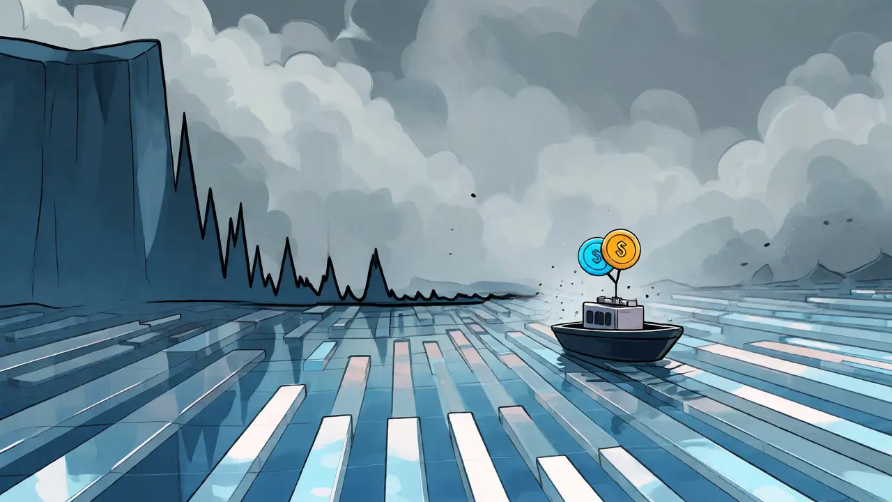 Lone trading pair on a vast digital sea with a steep price drop cliff in the background.